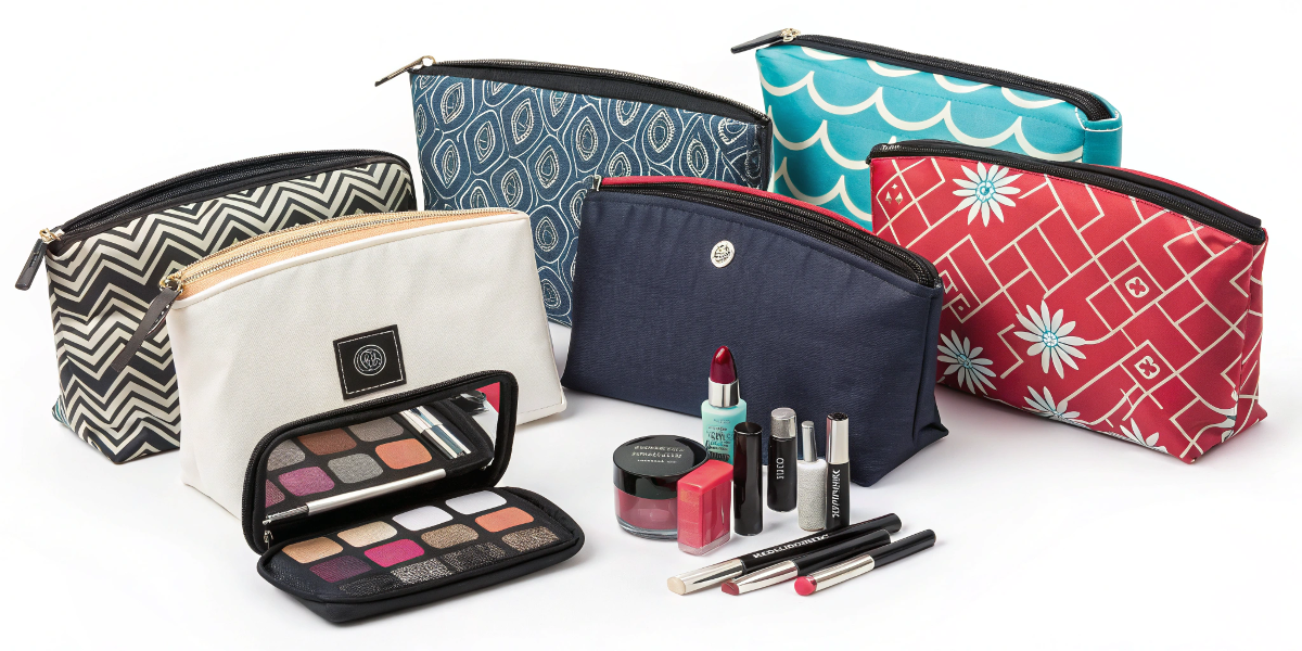 Inspiring Private Label Makeup Bag Designs An assortment of seven different stylish private label makeup bags