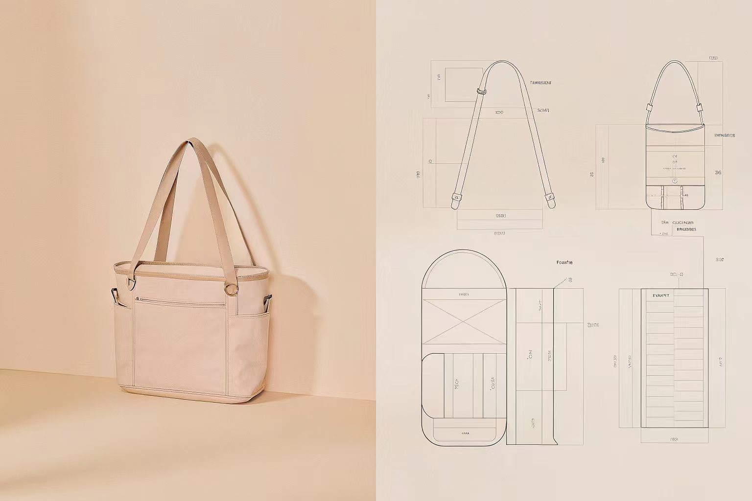 A page from a tech pack with detailed drawings and specifications next to the first physical prototype of the bag