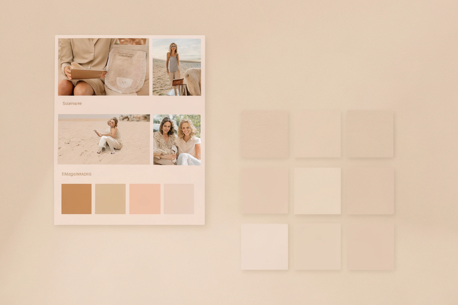 A mood board for a makeup bag design with images of target customers, lifestyle photos, and color schemes