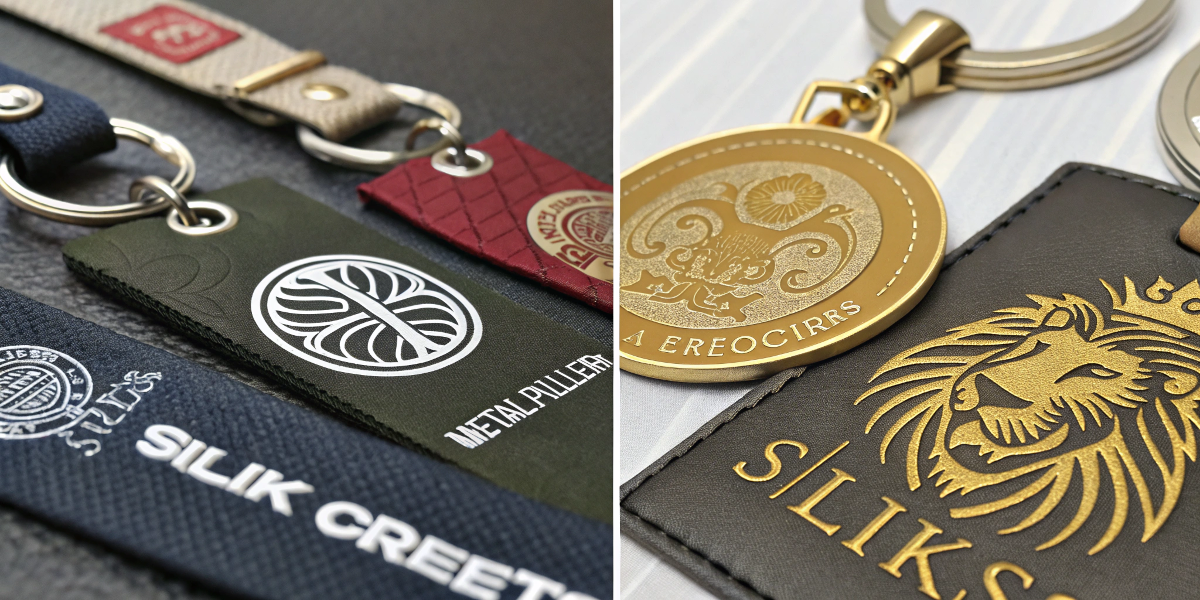 Custom Printing and Logo Options for Bags Close-up shots of different logo applications: embossing, metal puller, and silk screen printing