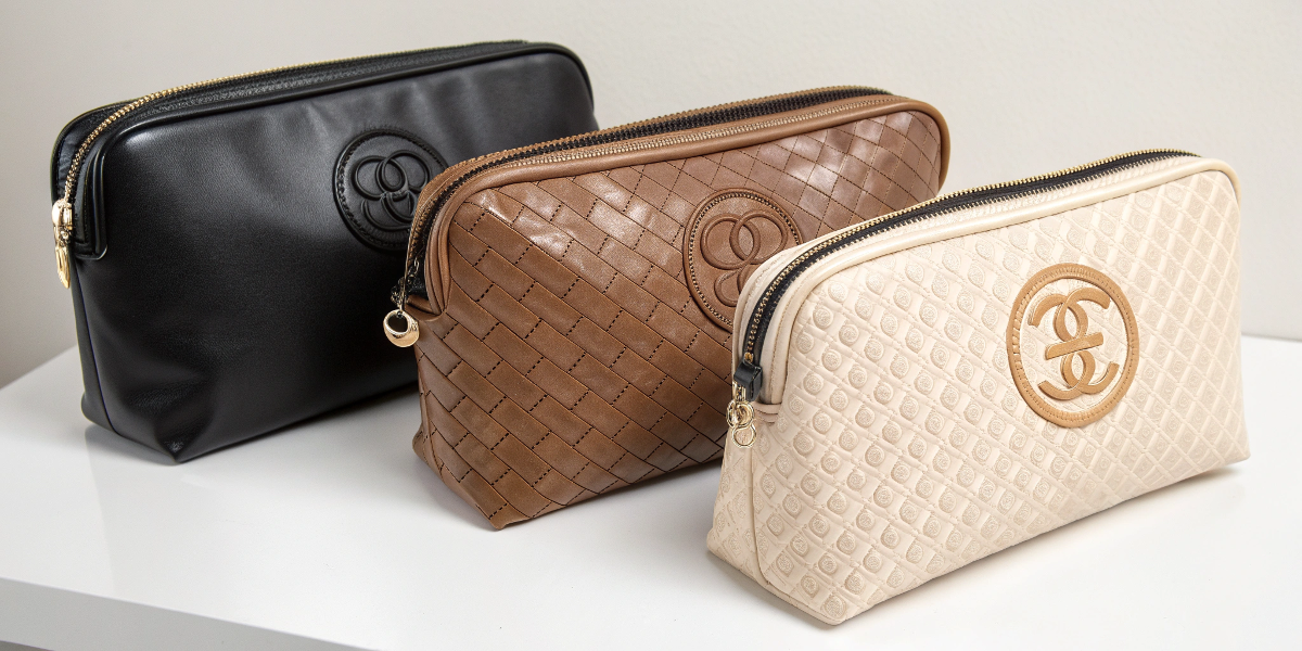 Aesthetics and Customization of Bag Materials A display of cosmetic bags in the three materials, showing off different textures and logo styles