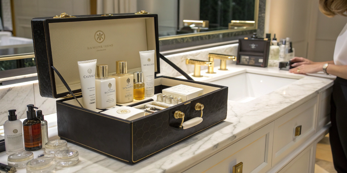 a luxurious 'nécessaire' on a marble vanity with high-end toiletries