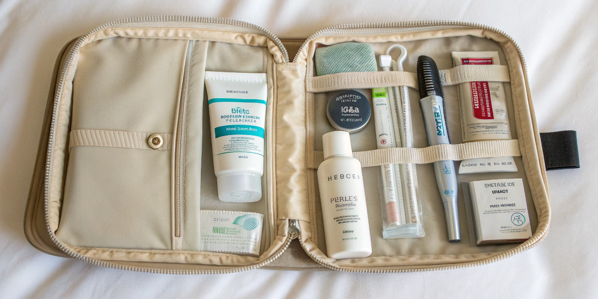 an open toiletry bag with travel-sized essentials neatly arranged