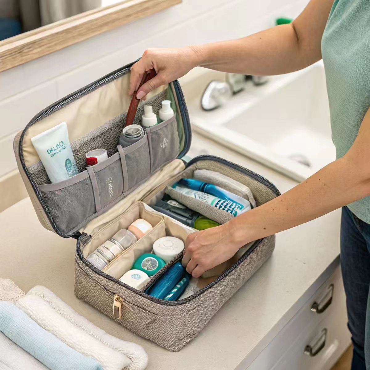 a person organizing toiletries into a multi-compartment bag