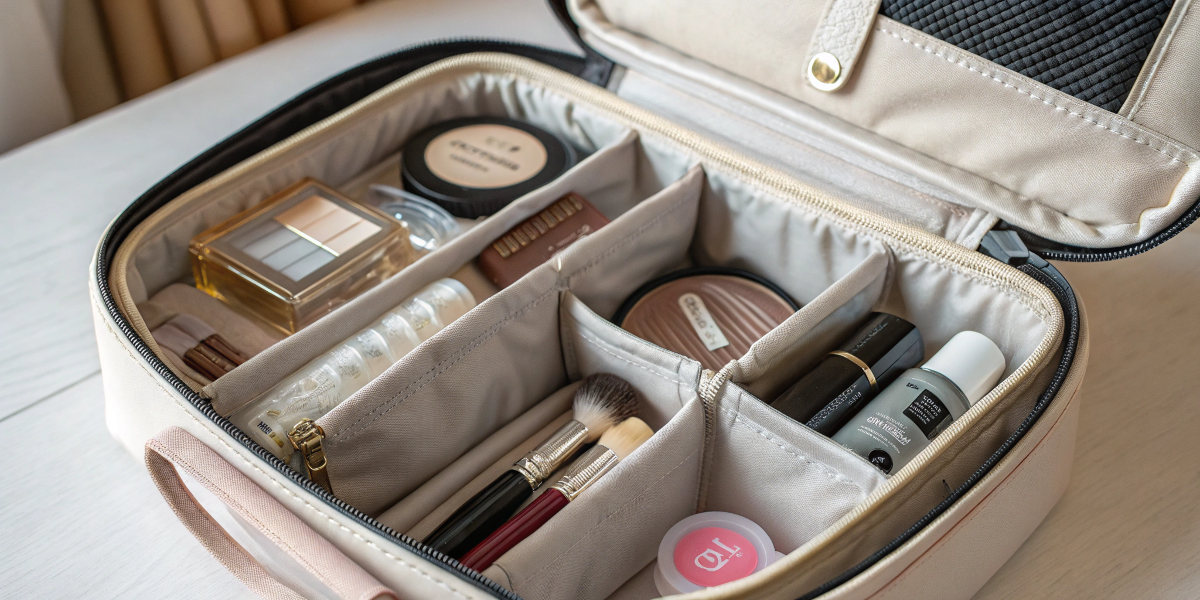 Functional Features for Cosmetic Bags The inside of a makeup bag showing neat interior pockets, waterproof lining, and elastic loops