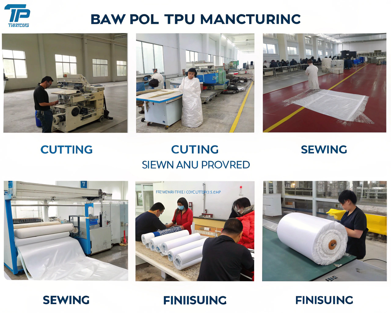 Clear Makeup Bag Manufacturing Process An overview image showing different stages of bag manufacturing from raw TPU roll to a finished product.