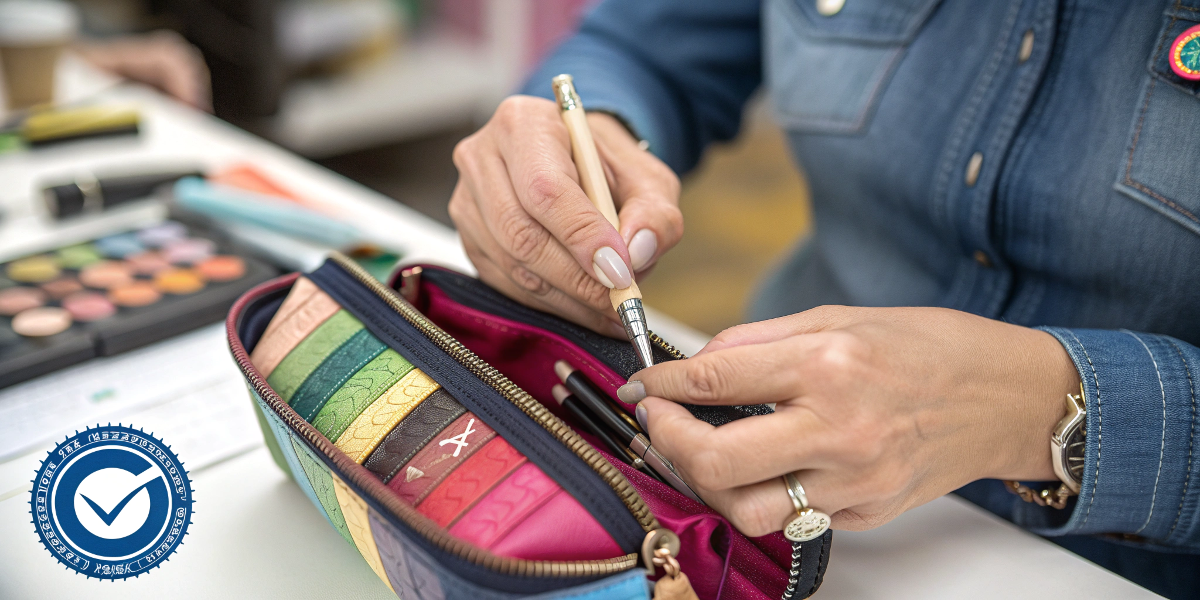 Key Factors for Choosing a Makeup Bag Manufacturer A quality inspector's hands checking the stitching on a makeup bag, with certification logos watermarked