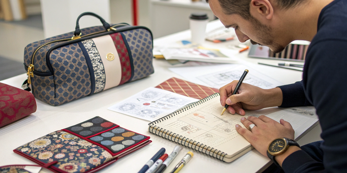 Custom Design and Branding Options for Makeup Bags A designer sketching a custom makeup bag next to fabric swatches and a branded zipper puller