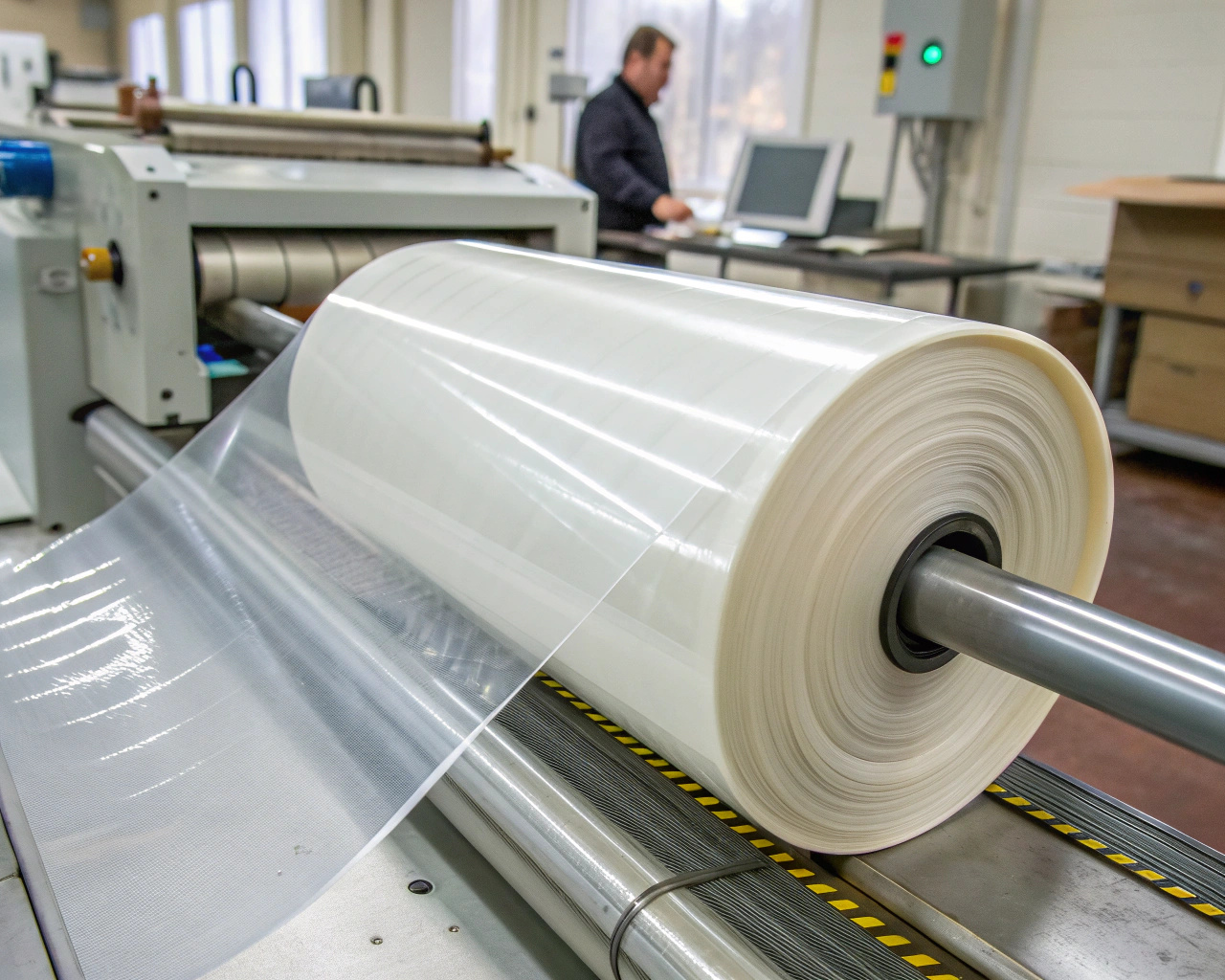 Material Inspection and Cutting at a Factory A roll of clear TPU material being inspected before being fed into a cutting machine.