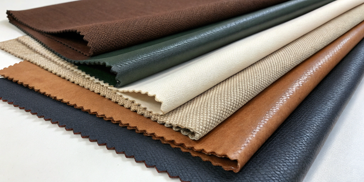 Best Materials for Private Label Cosmetic Bags Fabric swatches of RPET, vegan leather, and cotton canvas for cosmetic bags