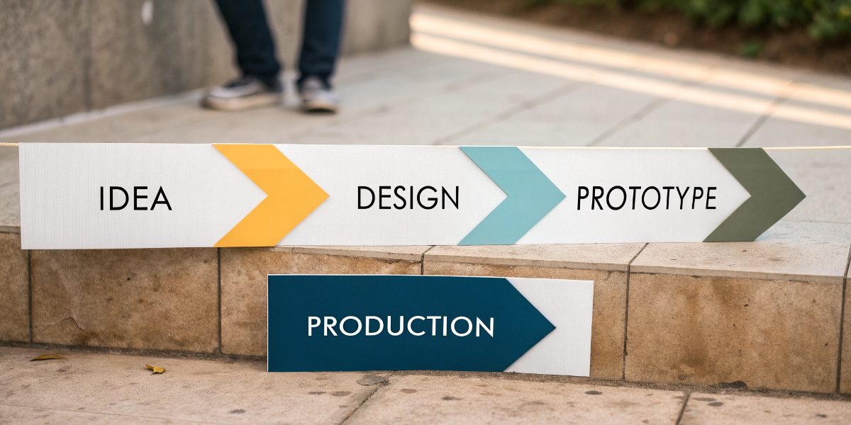 Our Simple Bulk Order Process A simple four-step process graphic: Idea -> Design -> Prototype -> Production
