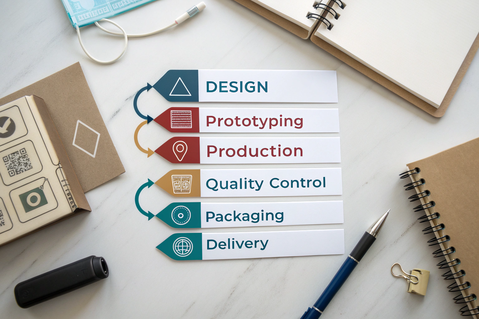 The 6-Step Custom Bag Manufacturing Process A flowchart infographic illustrating the six steps of the custom manufacturing process from design to delivery