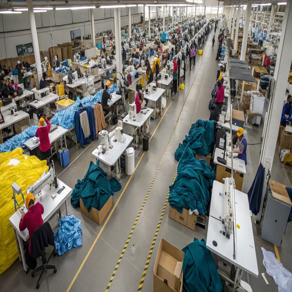 An aerial view of a large, busy sewing floor in a bag factory with dozens of workers at their stations.
