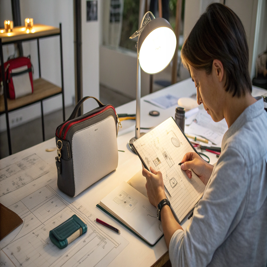 Choosing the OEM Manufacturing Path A designer carefully reviewing a cosmetic bag prototype against their technical drawings.