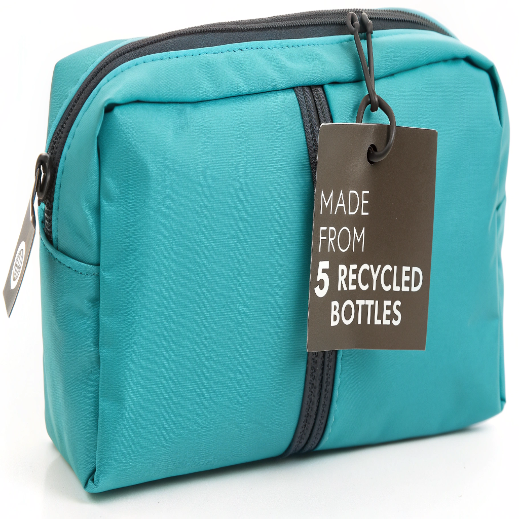 Sustainable Makeup Bag with an Eco-Story A stylish makeup bag made from RPET fabric, with a hangtag that says 'Made from 5 Recycled Bottles'.