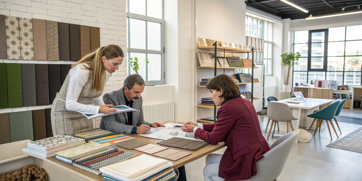Partnering with Rivta for Sustainability The Rivta Factory team collaborating with a client, surrounded by eco-friendly material samples