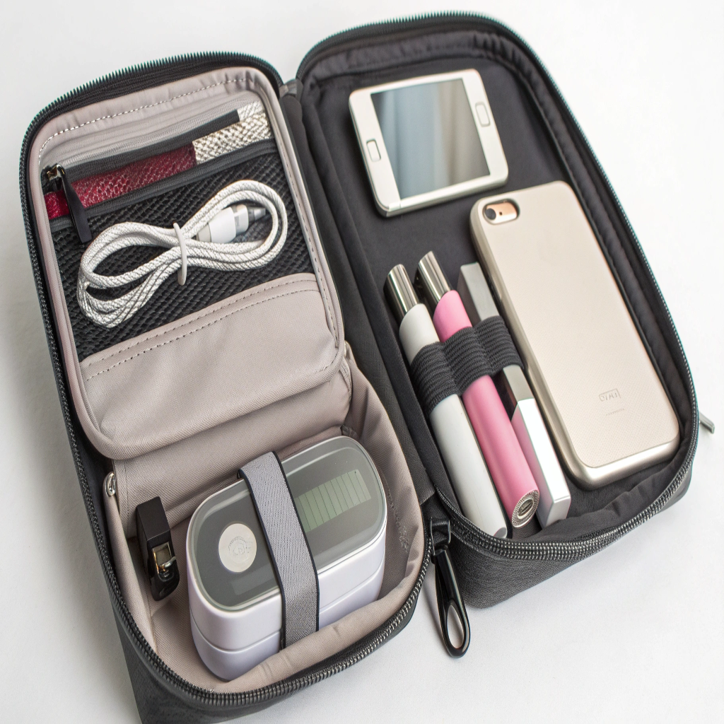 Tech-Integrated Makeup Pouch A sleek, organized makeup bag with dedicated compartments for a power bank, charging cable, and a slim LED mirror.
