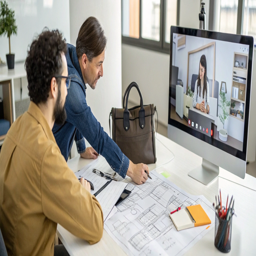 A product designer having a clear video conference call with an OEM factory manager, pointing to details on a bag schematic.