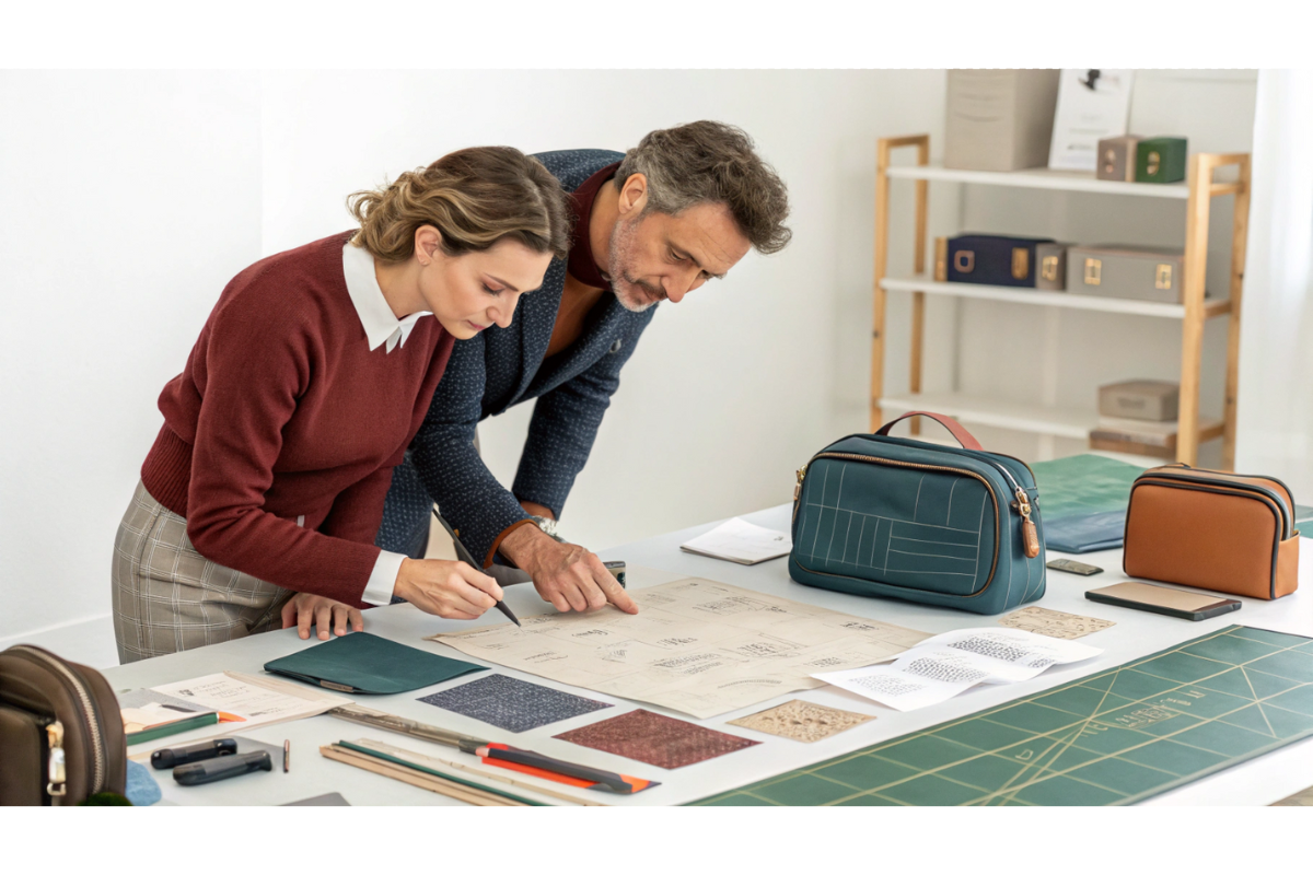 a designer and client colaborating on a cosmetic bag design