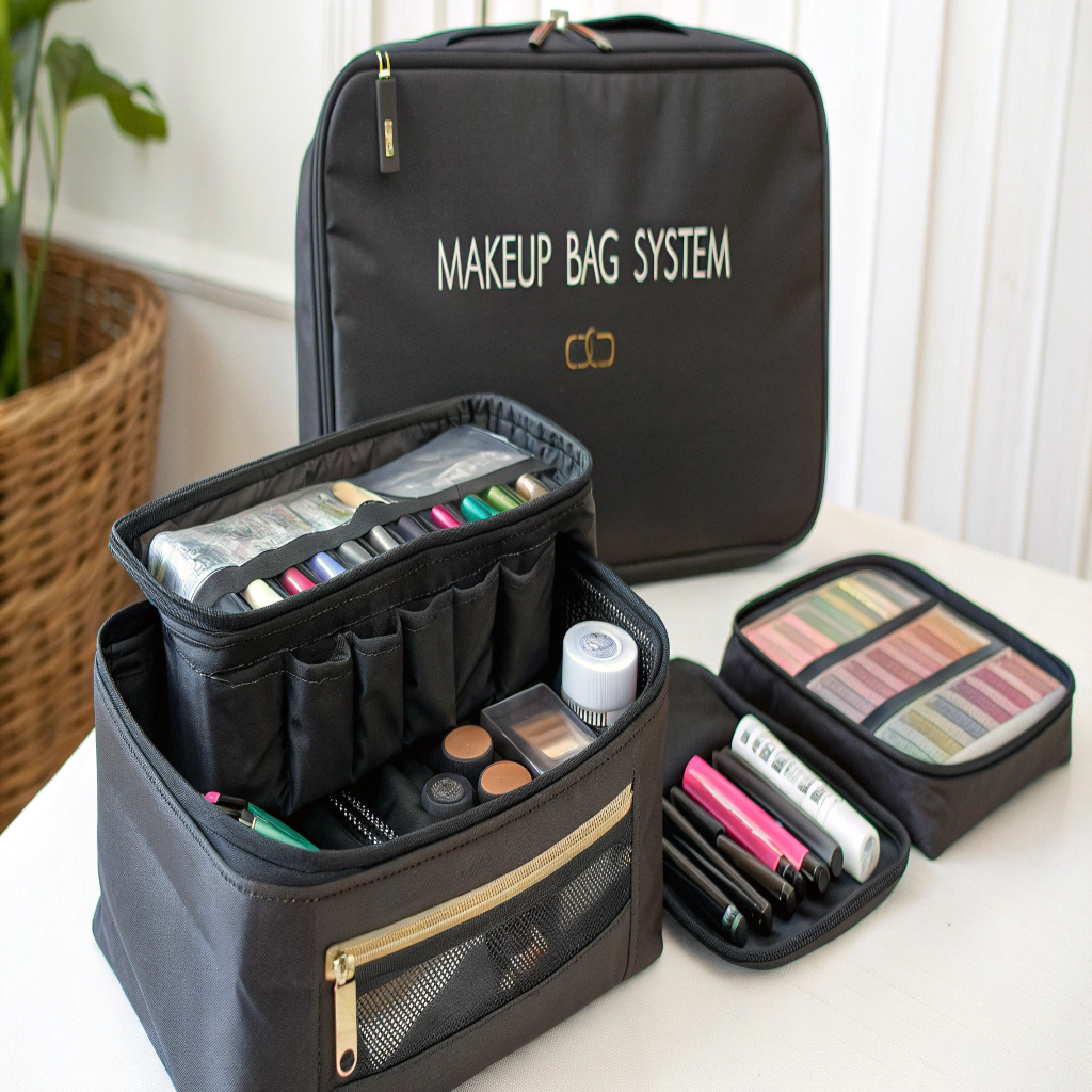 Modular and Multi-Functional Makeup Bag System A makeup bag system showing a larger bag with smaller, removable pouches inside for organization.