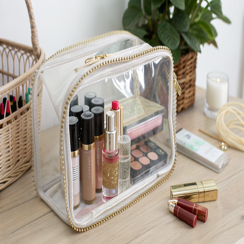 Modern Transparent Makeup Bag A chic clear TPU makeup bag with elegant trim, showing the contents neatly organized inside.