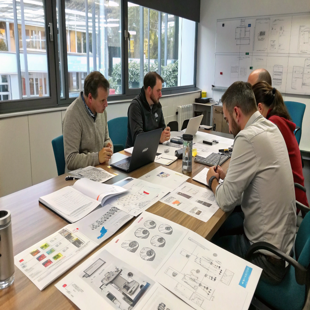 RIVTA: Your Partner for OEM and ODM A photo of the Rivta team in a meeting room, with both product sketches (OEM) and catalog items (ODM) on the table.