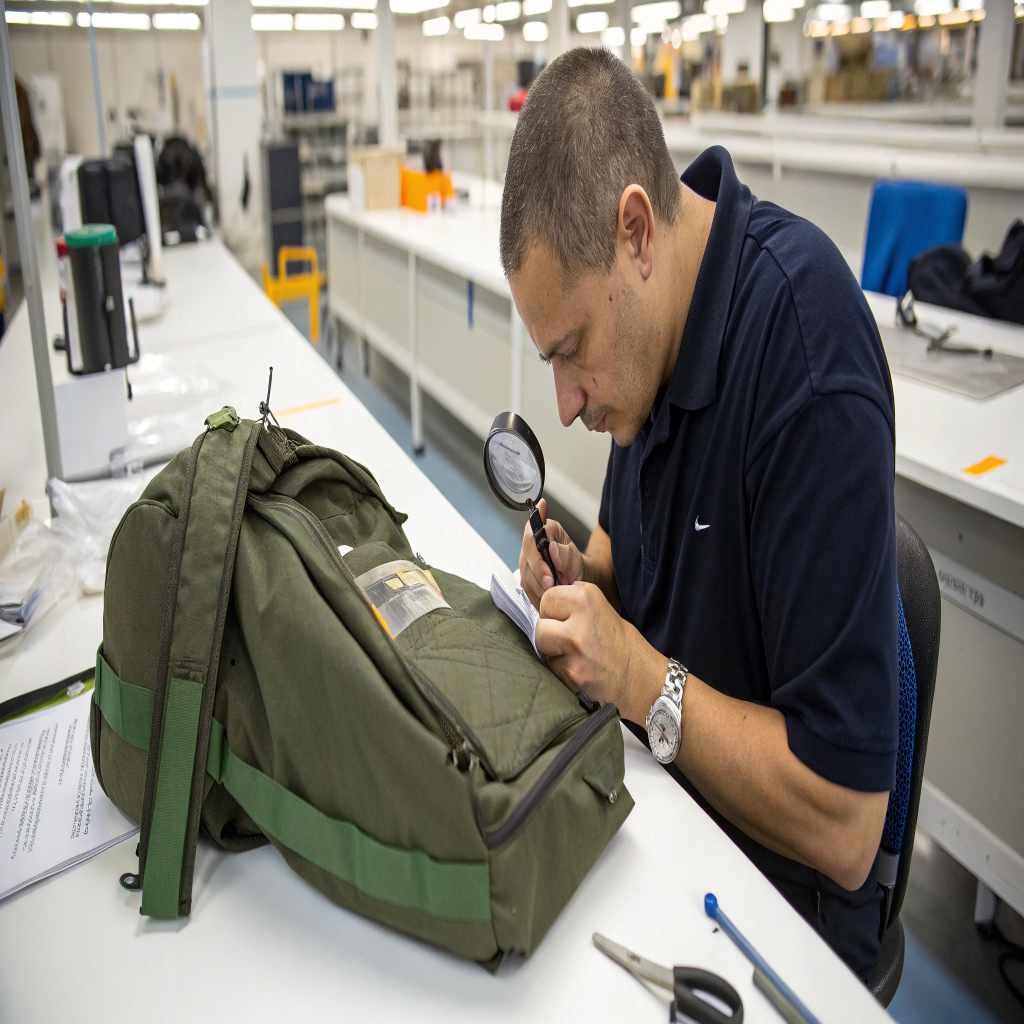 A quality control inspector meticulously checks the stitching on a custom backpack with a magnifying glass.