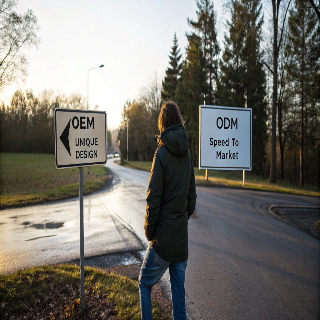 Which Path is Right for Your Brand? A person at a crossroads with signs pointing to 'OEM - Unique Design' and 'ODM - Speed to Market'.