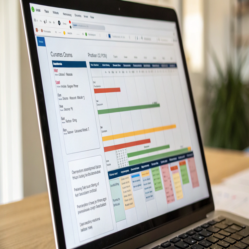 A detailed Gantt chart on a computer screen showing the various stages and timeline for a custom bag production order.