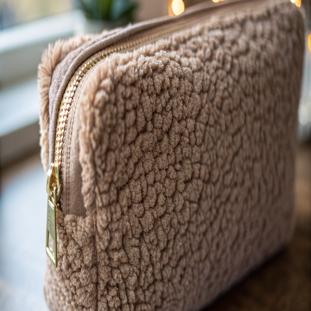 Textured and Tactile Makeup Bag Finishes A close-up shot showcasing the rich texture of a bouclé or sherpa makeup bag.