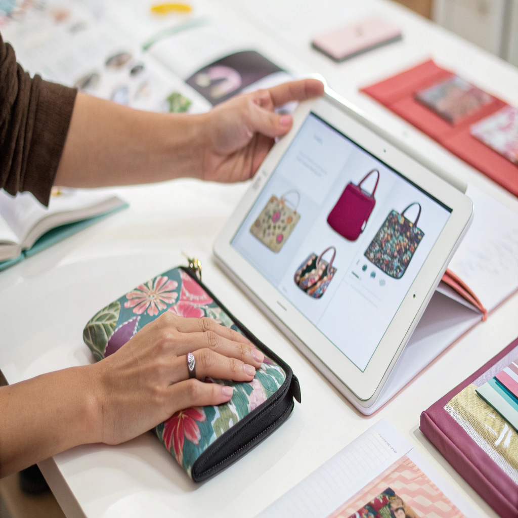 Choosing the ODM Manufacturing Path A hand pointing to a cosmetic bag design in a catalog or on a tablet.