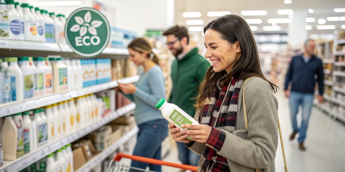Sustainable Choices and Brand Loyalty A customer smiling as they choose a product with a clear eco-friendly label in a retail store
