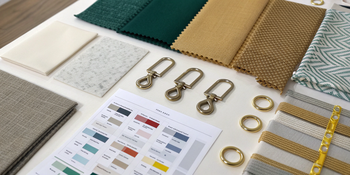Customizing a Hanging Toiletry Bag A mood board showing fabric swatches, different hook types, and branding options for a hanging toiletry bag