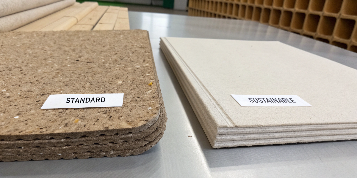 Balancing Cost and Sustainability A side-by-side comparison of a standard material and a certified sustainable material, with cost and durability notes