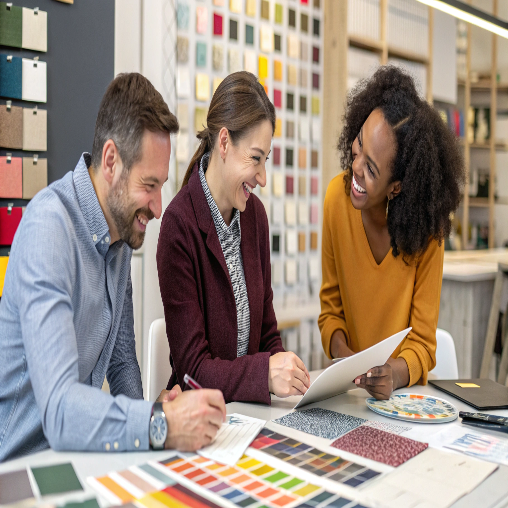 Partner with Rivta to Create Trendy Makeup Bags A friendly photo of the Rivta team collaborating on a new design, surrounded by material swatches and product samples.